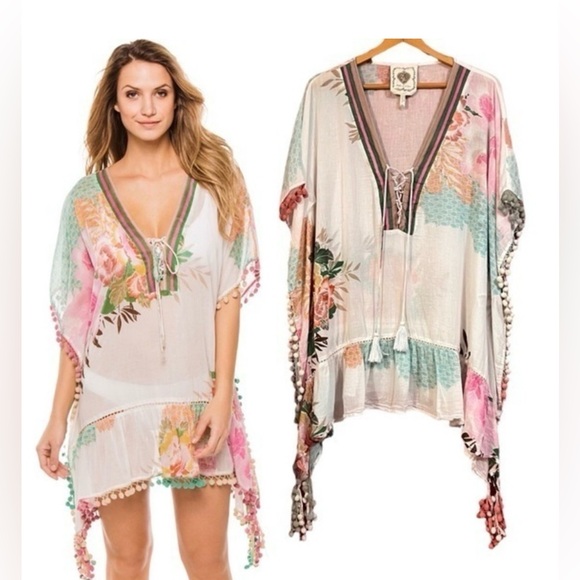 Z&L Other - Z&L Floral Lace-Up Pom Pom Swim Caftan Coverup - White with Pink & Mint